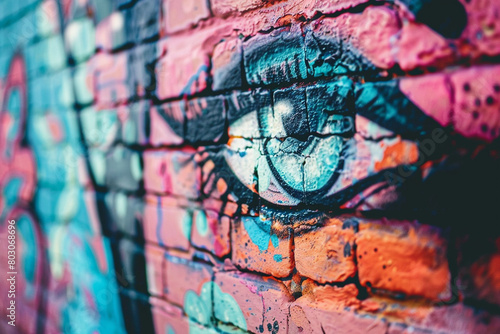 A close-up shot of a weathered brick wall covered with colorful street art and graffiti