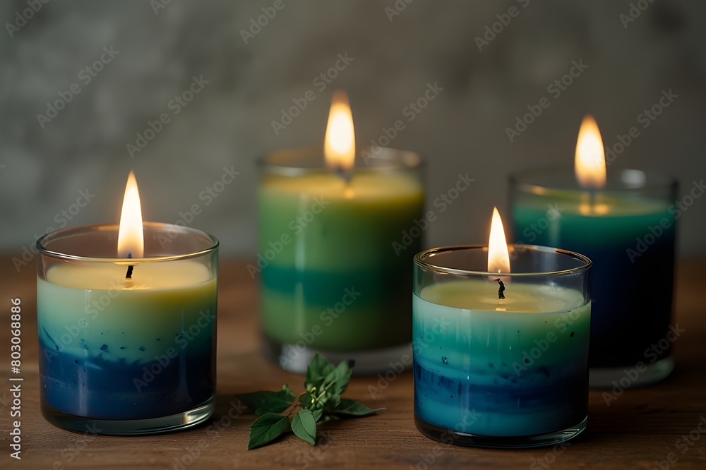 Natural candles in green and blue colors Generative AI Natural candles in green and blue colors Generative AI