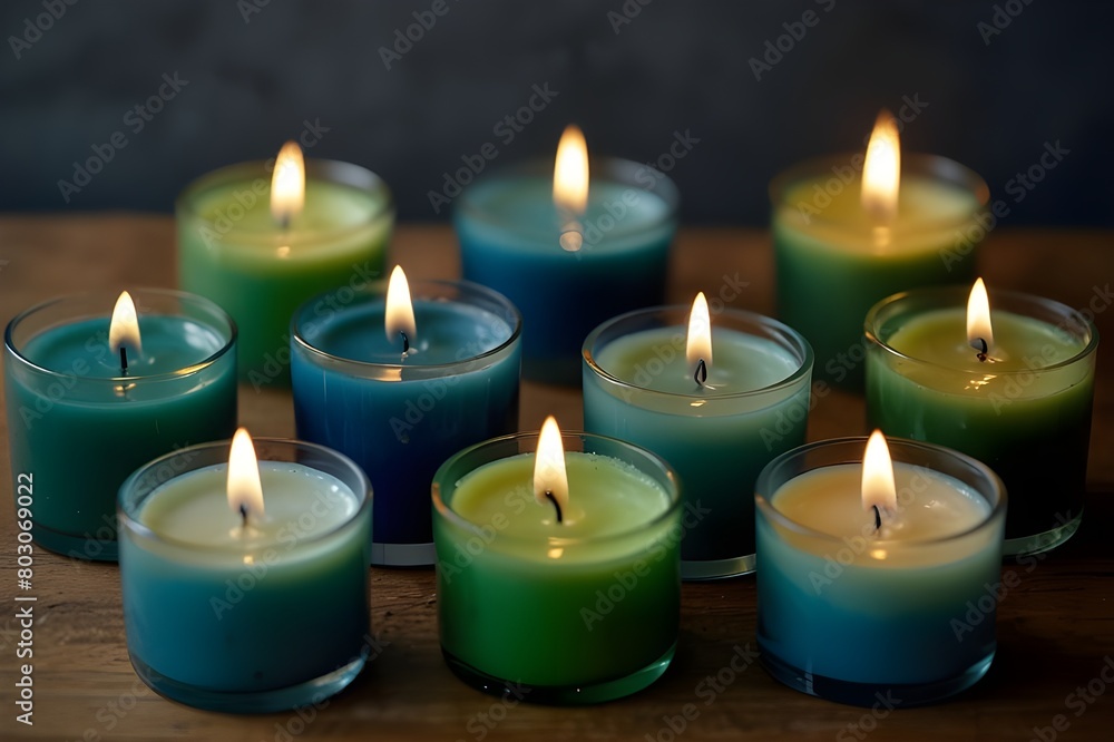 Natural candles in green and blue colors Generative AI Natural candles in green and blue colors Generative AI