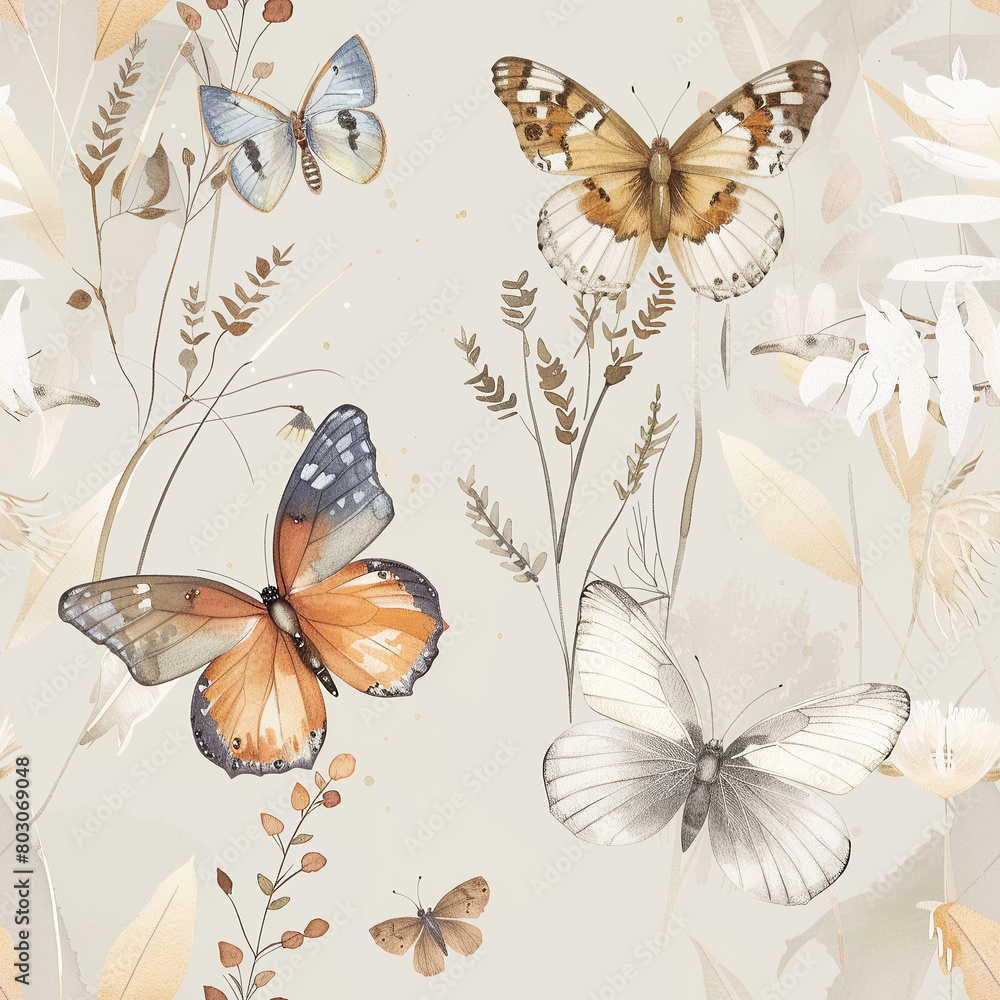 Fototapeta premium Watercolor butterfly, flower and leaves seamless pattern. Beautiful delicate background with nature elements for textile, print, fabric