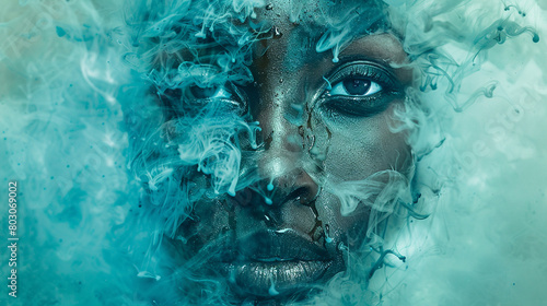 A portrait of a person's face, with features made of ink drops in shades of blue and green