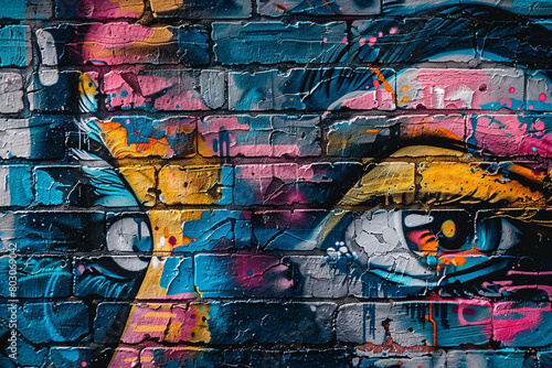 A close-up shot of a weathered brick wall covered with colorful street art and graffiti
