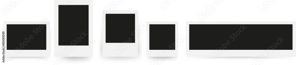 Empty black photo frame mockup set with shadows. Blank Polaroid frame on transparent background. Realistic old photo frame. Vector illustration Empty black photo frame mockup set with shadows. Blank Polaroid frame on transparent background. Realistic old photo frame. Vector illustration