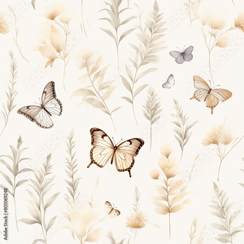Watercolor butterfly  flower and leaves seamless pattern. Beautiful delicate background with nature elements for textile  print  fabric