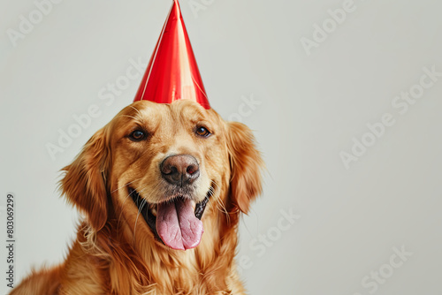 dog celebrating with red pary hat and blow-out 