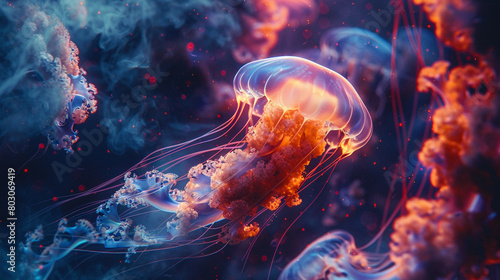 Glowing, ethereal jellyfish drifting through a deep, navy blue abyss © Ibrar Artist