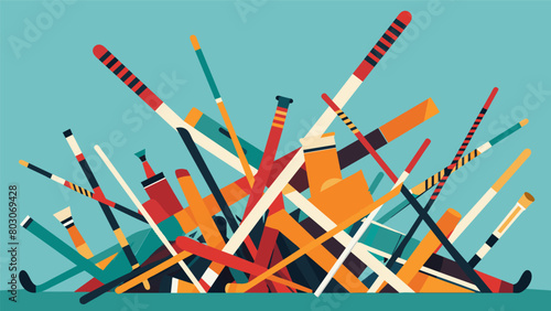 A pile of hockey sticks in various lengths and brands waiting to be picked out by a bargainhunting player.. Vector illustration