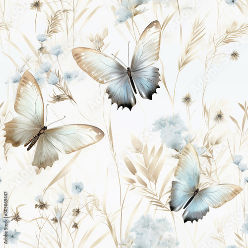 Watercolor butterfly  flower and leaves seamless pattern. Beautiful delicate background with nature elements for textile  print  fabric