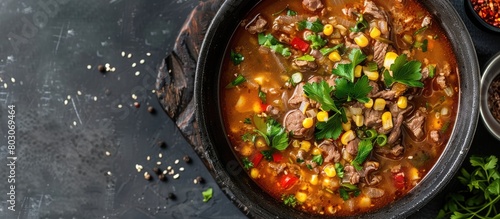 Asian cuisine, soup made with corn and beef