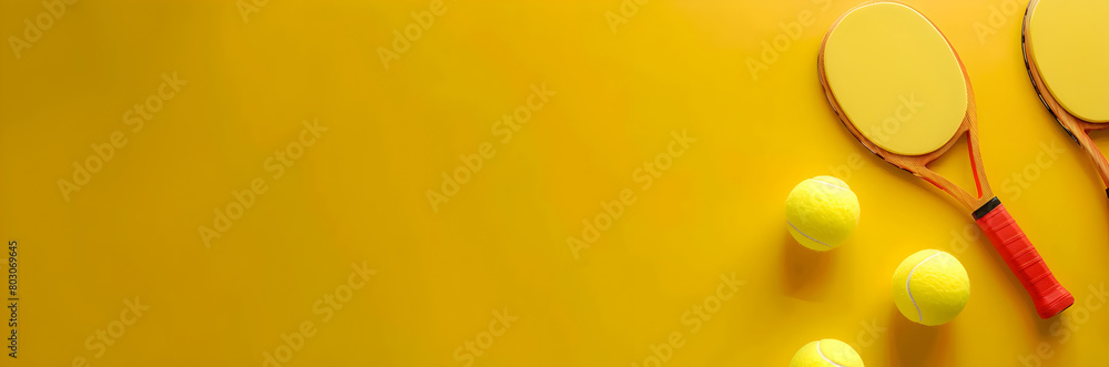 Vivid beach tennis set banner. Bright yellow background with beach tennis set on the right side.