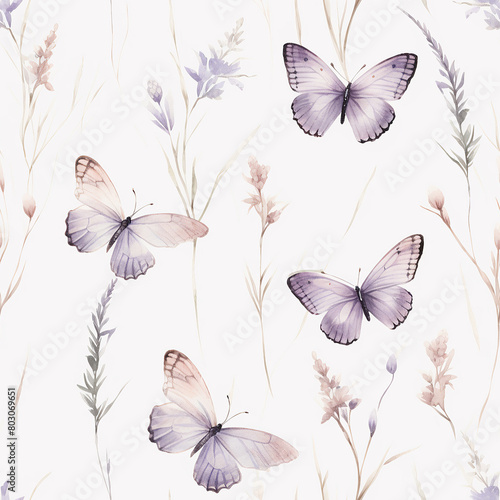 Watercolor butterfly, flower and leaves seamless pattern. Beautiful delicate background with nature elements for textile, print, fabric © alia.kurianova