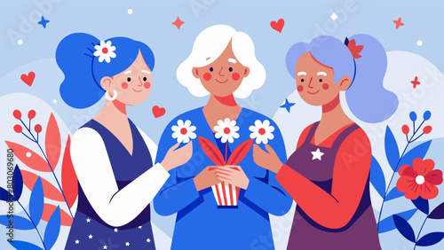 A group of elderly women gather in the garden their hands adorned with delicate red white and blue forgetmenots reminiscing about past Independence. Vector illustration