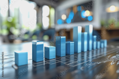 Graph charts that are 3D models are inside the office. Show financial balance. AI generated.