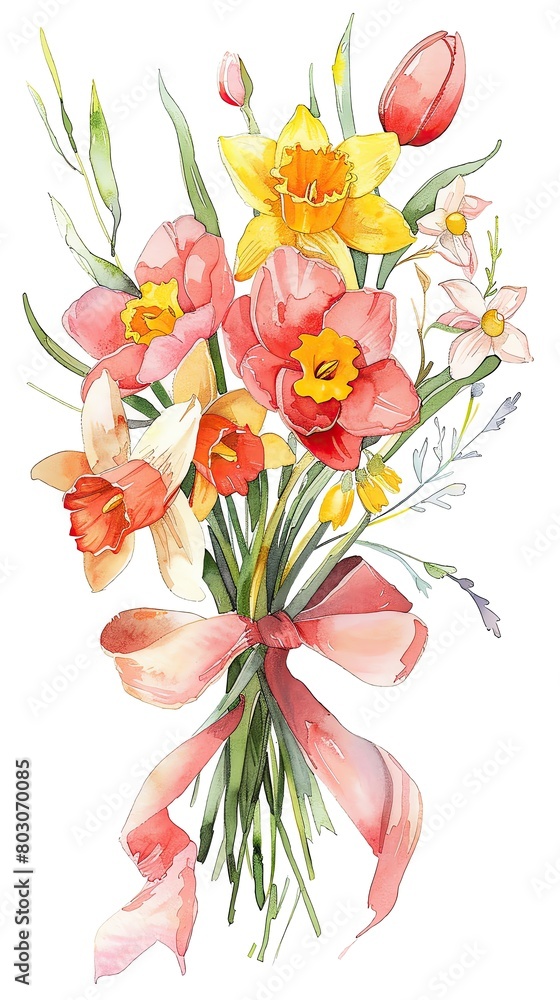 A beautiful bouquet of daffodils and tulips tied with a pink ribbon. A beautiful bouquet of daffodils and tulips tied with a pink ribbon.