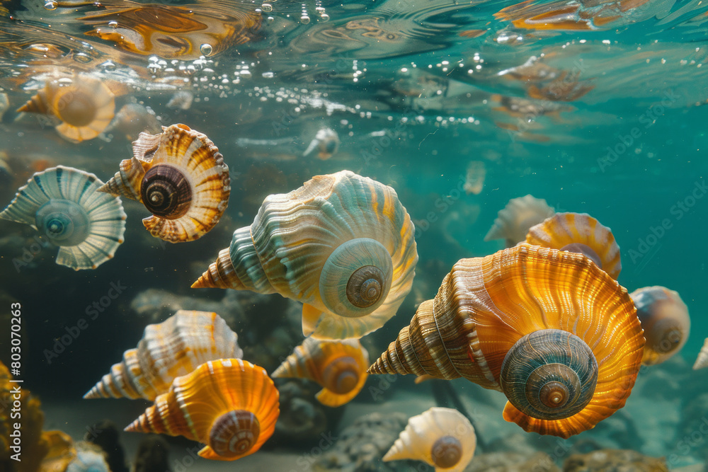 An underwater scene focusing on the spiral shells of various marine gastropods, emphasizing their mathematical growth patterns,