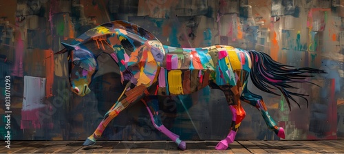 Horse galloping through colourful city 