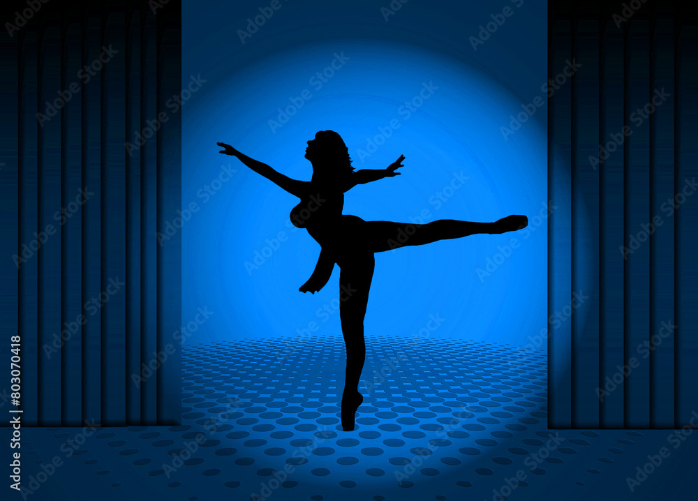 Bailarina, escenario, foco, azul, ilustración