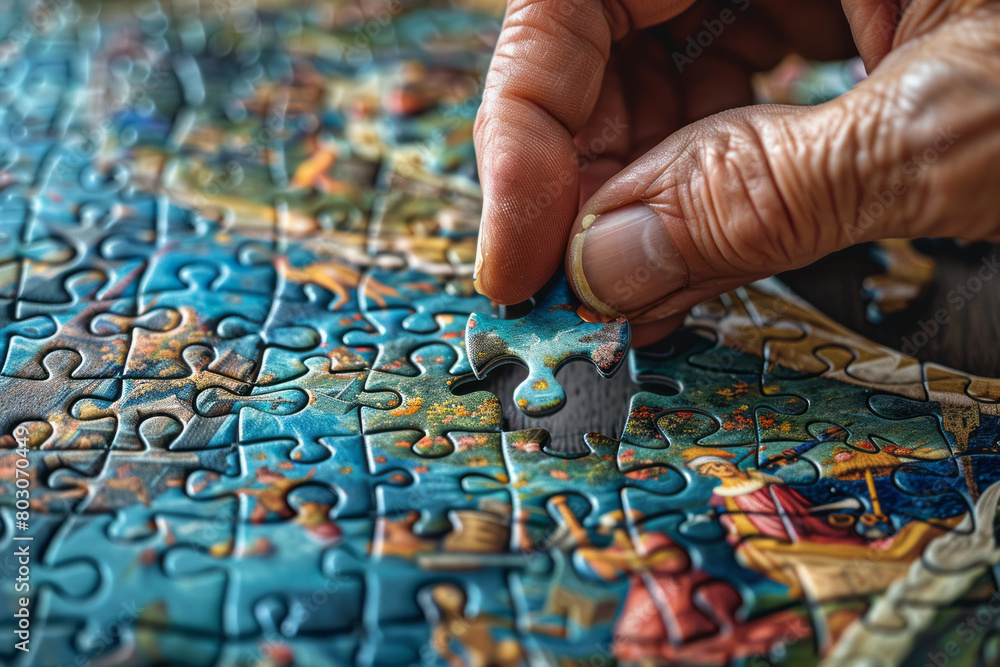 A complex jigsaw puzzle being assembled, with each piece featuring a tiny, detailed artwork of a historical event, A complex jigsaw puzzle being assembled, with each piece featuring a tiny, detailed artwork of a historical event,