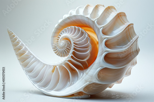 A detailed illustration of a nautilus shell cut in half, showcasing its logarithmic spiral and chambered sections, photo