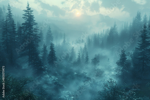 A mist-covered forest at dawn  inspiring feelings of mystery and anticipation in the mind.