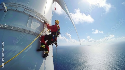 Inspection engineer rappels down a rotor blade of offshore wind turbine