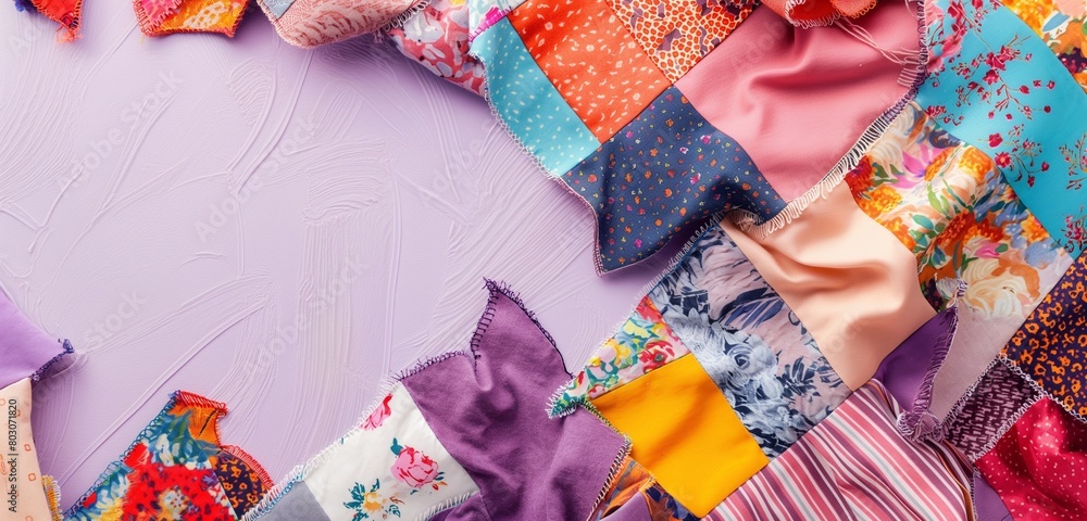 A vibrant, patchwork quilt of various fabric textures and patterns spread out, with the corners curling playfully, against a soft, lavender background.
