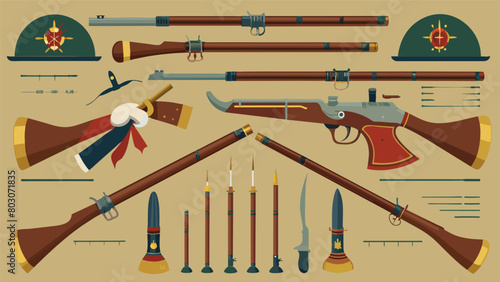 A display of authentic muskets and rifles used by soldiers during the American Revolution with detailed descriptions of their features and historical. Vector illustration