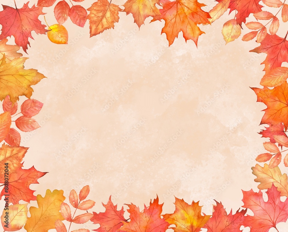 Fall frame with leaves on watercolor background. Autumn falling maple leaves with copy space. Fall frame with leaves on watercolor background. Autumn falling maple leaves with copy space.
