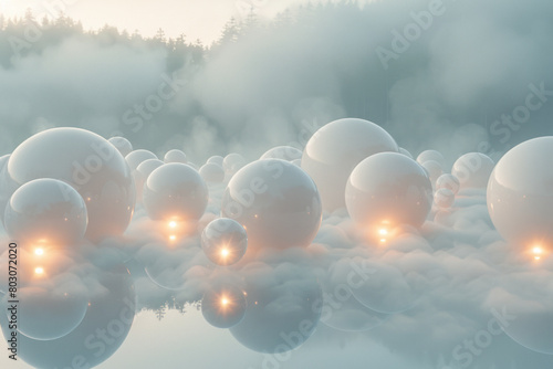 A serene scene of variously sized spheres floating in a misty atmosphere, like planets in space, photo