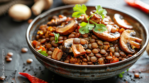 Bowl of tasty cooked lentils and mushrooms on table 