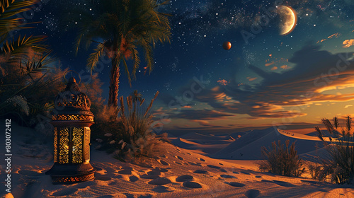 a scene with an ancient lantern and desert scenery photo