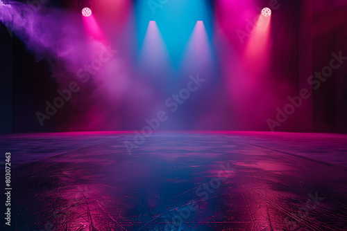Dancing floor with colorful lights on dark background  empty stage for product presentation  concert or party. Abstract night club studio room.