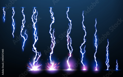 Lightning animation set with sparks. Electricity thunderbolt danger, light electric powerful thunder. Bright energy effect, vector illustration