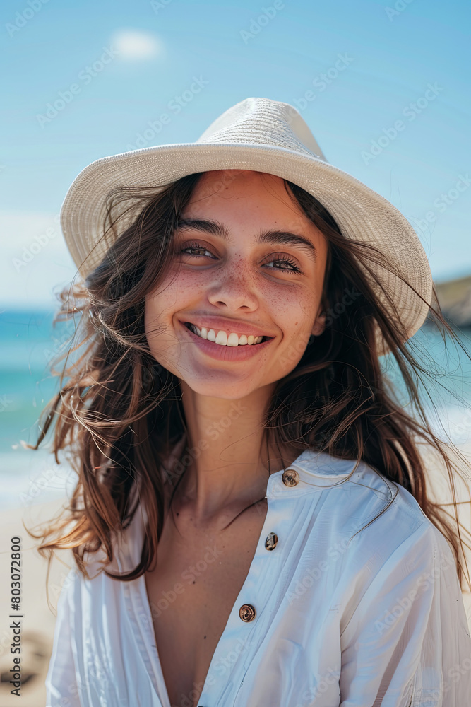 Young joyful woman in white shirt wearing hat smiling at camera on the beach - Traveler girl enjoying freedom outdoors on a sunny day - Wellbeing, healthy lifestyle and happy people concept
