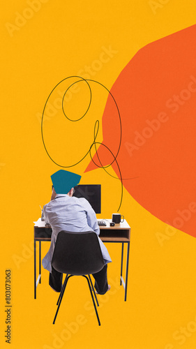 Poster. Contemporary art collage. Back view of man sitting at desk and studying, working with laptop with doodles symbolizing his thoughts. Concept of creative office, workspace, co-working center. Ad
