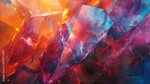 Fractured, crystalline structures reflecting shards of light in a kaleidoscope of colors photo