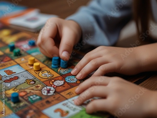close-up of playing board game and having fun with friends and family in room indoors, board game concept, group of kids children play board games at the table, roll the dice