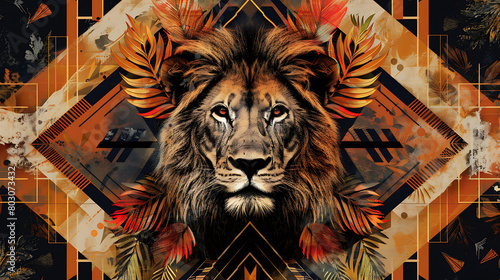 An empowering and motivational design showcasing a majestic lion in a fierce pose  with a crown of laurel leaves on its head  surrounded by bold geometric patterns.
