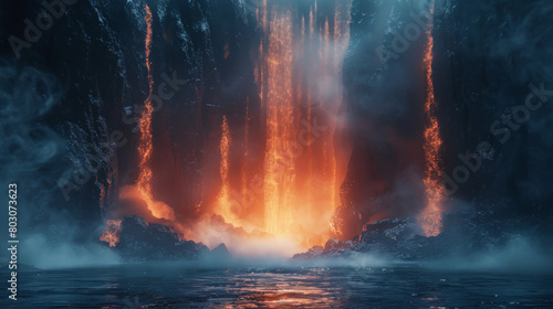 A lava flow is depicted in a blue and orange color scheme