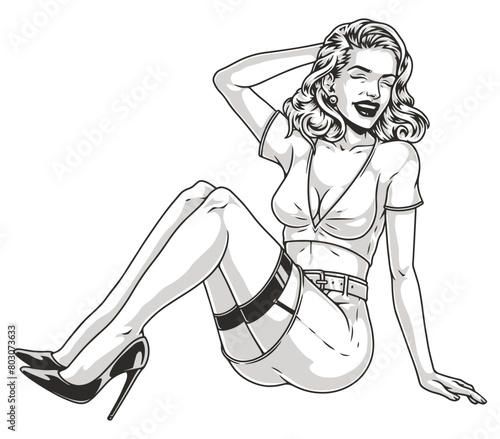Cheerful girl monochrome pin-up element