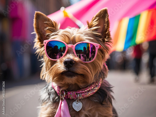 Pride Month, pride parade and a yorkshire terrier york dog wearing a fancy pink sunglasses, the LGBTQ flag with rainbow colors is visible in the background with a big city view photo