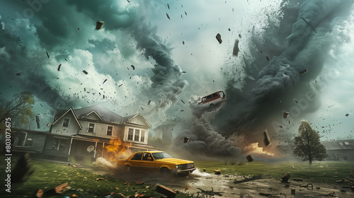 Cars and Houses in huge tornado