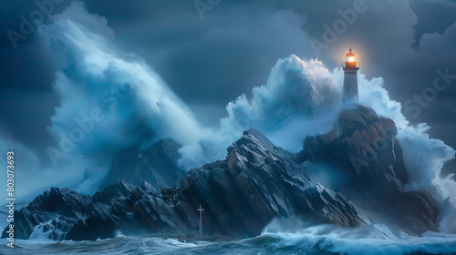 Fototapeta Giant wave on lighthouse during dramatic huge storm