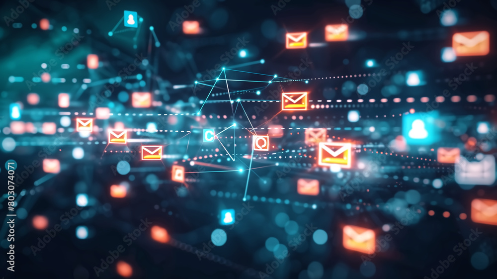 Digital representation of a networked communication system featuring email icons and data connections in a vibrant visual.
