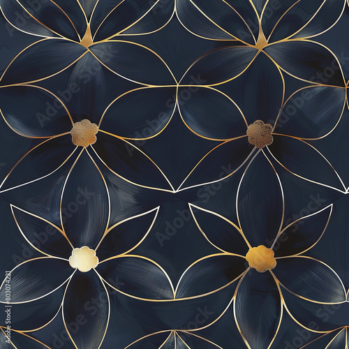 Seamlesss Pattern of an elegant floral pattern design in black with golden outlines, showcasing a sophisticated and luxurious aesthetic suitable for high-end decor.