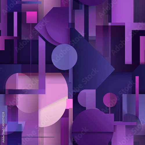 Seamless pattern of an abstract design of overlapping geometric shapes in various shades of purple, creating a modern and harmonious visual effect.
