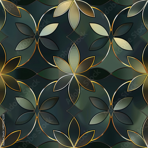Seamless pattern featuring geometric floral motifs in shades of green and gold, ideal for stylish and contemporary wall decor.