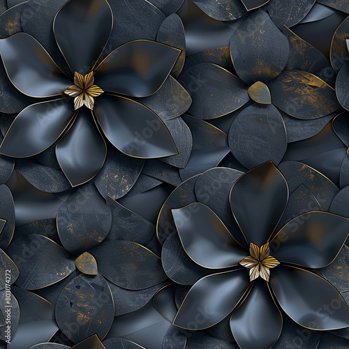 Seamlesss Pattern of an elegant floral pattern design in black with golden outlines, showcasing a sophisticated and luxurious aesthetic suitable for high-end decor.