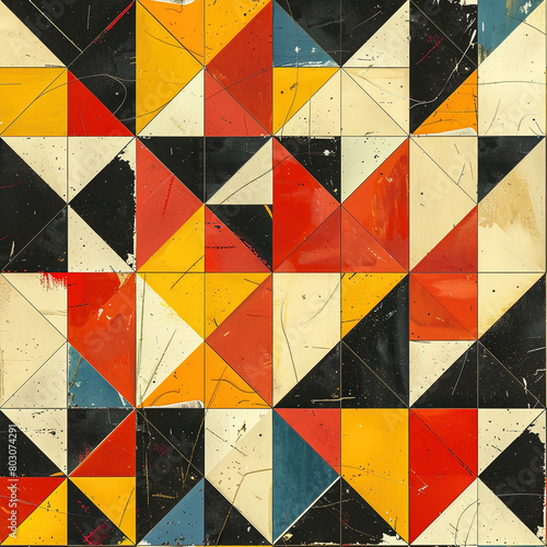 Seamless pattern of vivid and textured geometric pattern featuring triangles in red, yellow, and black, evoking a sense of vintage artistry mixed with modern style.