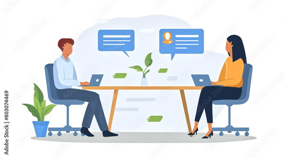 Illustration of a professional business meeting between a man and a woman using laptops and digital communication tools.
Illustration of a professional business meeting between a man and a woman using laptops and digital communication tools.